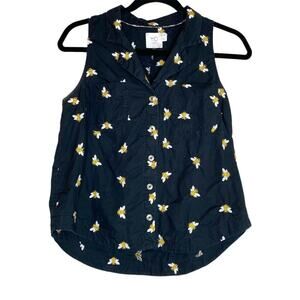 Anthropologie HD in Paris Navy Blue Bumblebee Button Up Collared Top 2